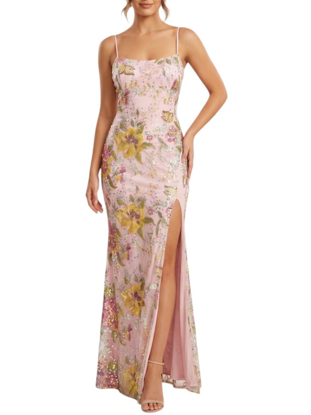 Pink Floral Maxi Dress Sequin Side Split Sleeveless Junior Size 7/8